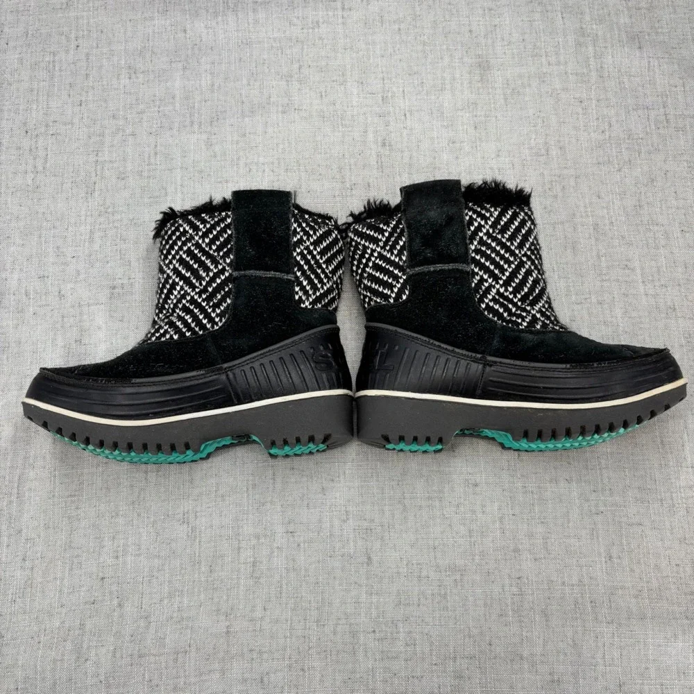 Sorel Tivoli II Winter Boots Black White Herringbone Waterproof Snow Kid Size 12